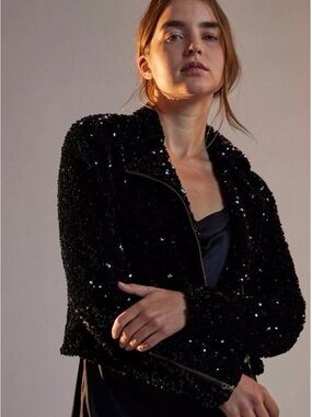 Maeve Anthropologie Black Sequin Moto Jacket 1X | STATEMENT